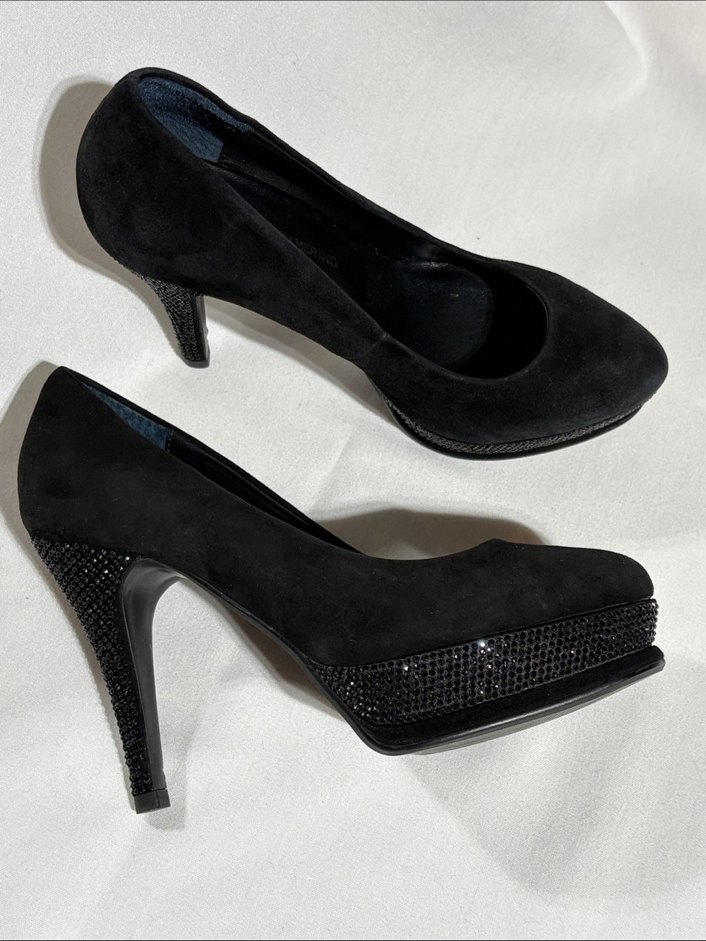 Roberta di Camerino Black Suede Platform Pumps with Crystal-Embellished Heel 6.5